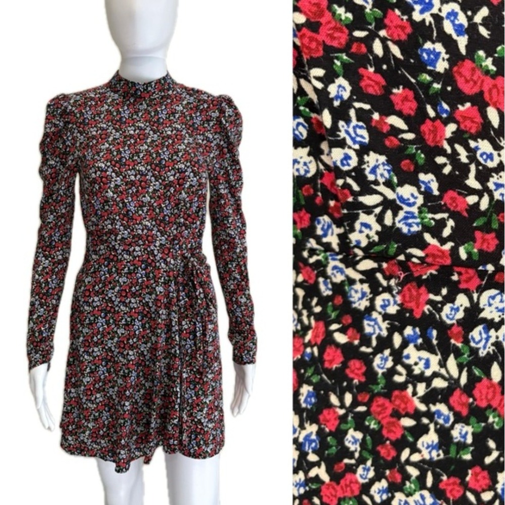 Topshop Womens‎ Floral High Neck Wrap Mini Dress Black Red Blue Long Sleeve US 4